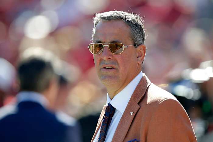 University of Texas athletic director Chris Del Conte is seen before the Red River Showdown college football game between the University of Oklahoma Sooners (OU) and the University of Texas (UT) Longhorns at the Cotton Bowl in Dallas, Saturday, Oct. 9, 2021. Oklahoma won 55-48. Ou Vs Texas